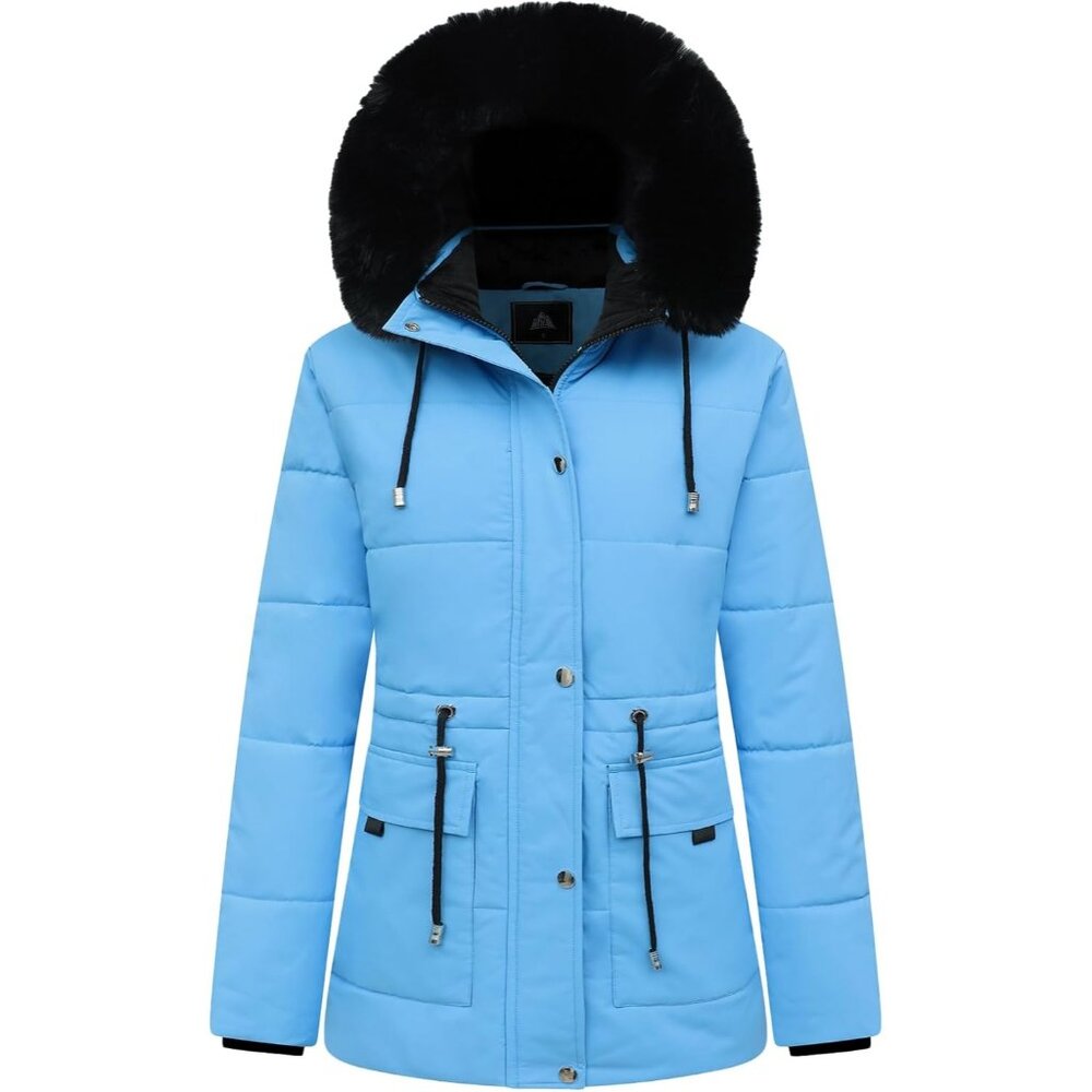 Women Denim Blue Winter Puffer Coat Fleece Jacket Faux Fur Detachable Hood